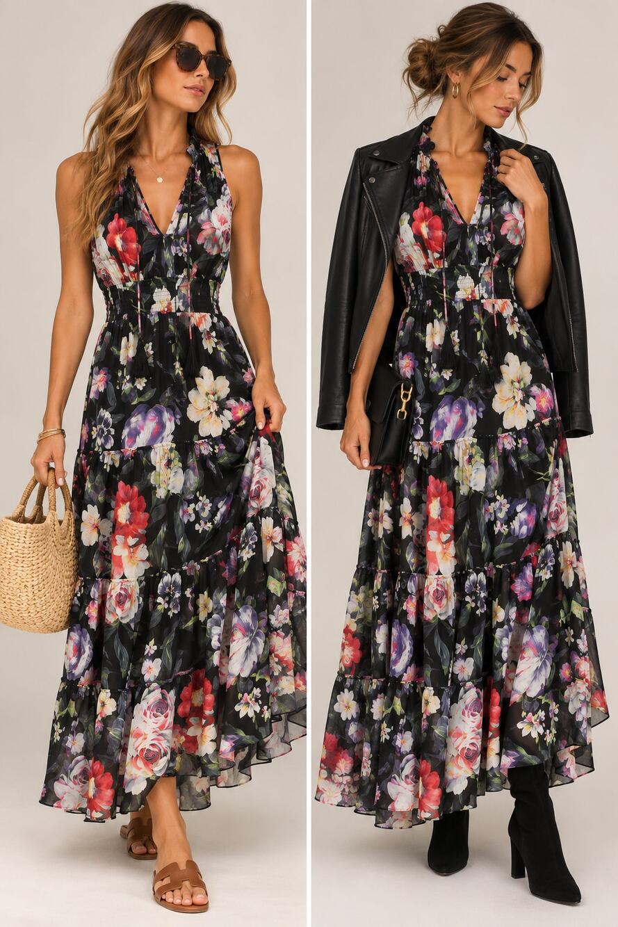 Express Black Floral Tiered Maxi Dress Smocked Waist Sleeveless Size XS